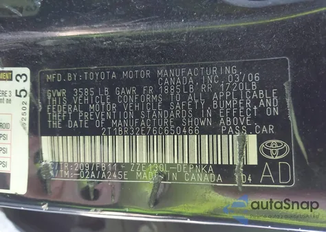 2006 Toyota Corolla Le from USA, damaged, VIN 2T1BR32E76C650466